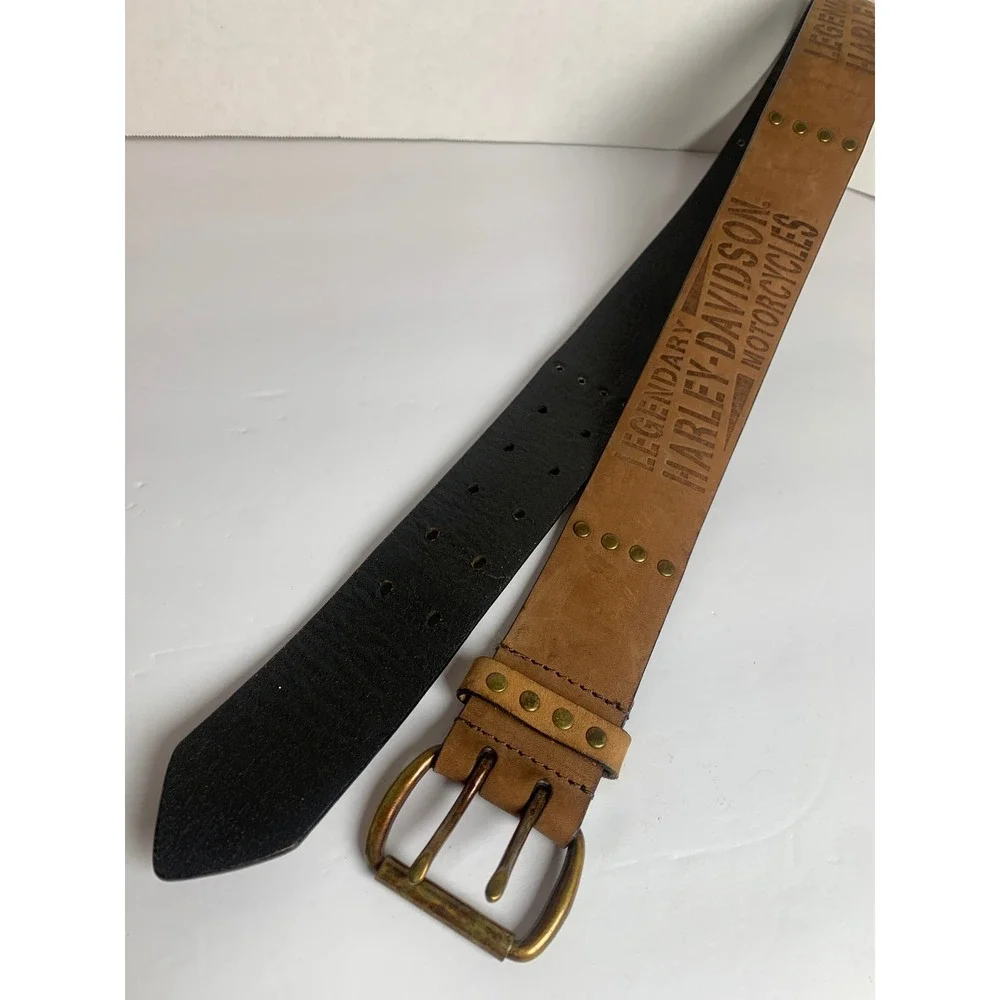 Harley-Davidson Mens Tan Leather Double Prong Biker Belt‎ 97653-04V Size 30
